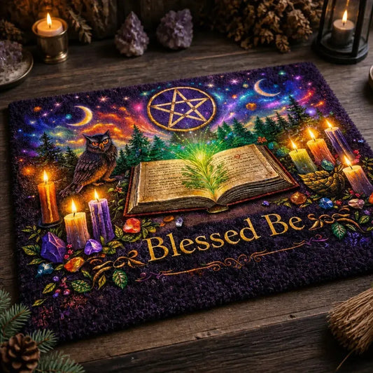 Pagan Doormat with Moon, Pentacle, Owl & Mystical Elements – Spiritual Wicca Welcome Mat for Mystical Decor_mockup_2.webp
