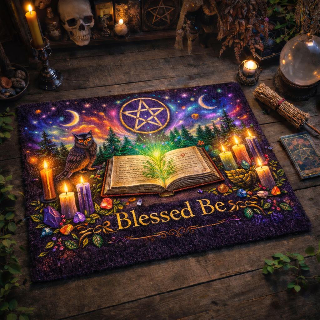 Purple Pagan doormat with "Blessed Be," a glowing open book, owl, pentacle, moons, and candles.