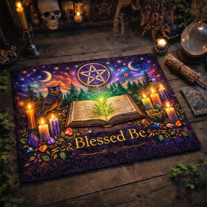 Purple Pagan doormat with "Blessed Be," a glowing open book, owl, pentacle, moons, and candles.