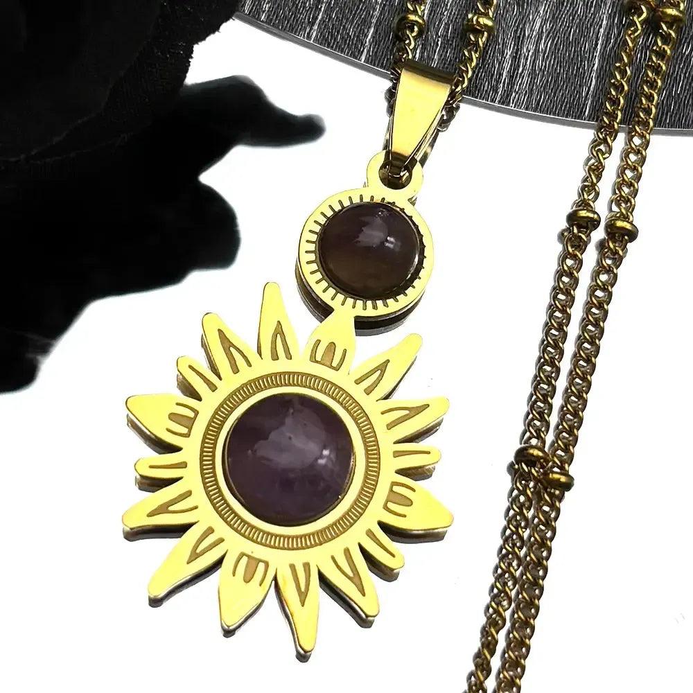 Pagan Flower Sun Natural Stone Necklace Wiccan Jewelry-MoonChildWorld