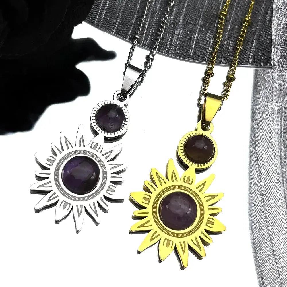 Pagan Flower Sun Natural Stone Necklace Wiccan Jewelry-MoonChildWorld