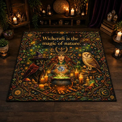 Pagan Forest Goddess Area Rug with Witchy Cat & Owl - Wicca Carpet for Spiritual Decor_mockup_2.webp