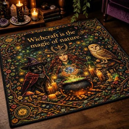 Pagan Forest Goddess Area Rug with Witchy Cat & Owl - Wicca Carpet for Spiritual Decor_mockup_3.webp