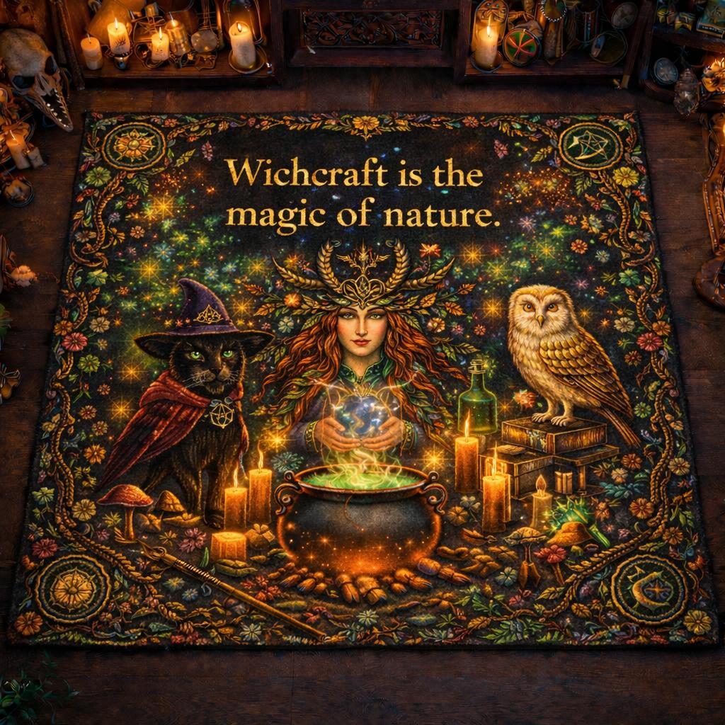 Pagan Forest Goddess Area Rug with Witchy Cat & Owl - Wicca Carpet for Spiritual Decor-MoonChildWorld