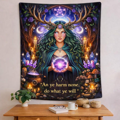 Mystical Pagan Forest Goddess tapestry with green hair, antlers, glowing orb, candles, crystals, and "An ye harm none, do what ye will" text.