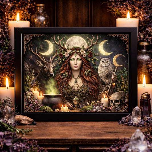 Pagan Goddess canvas art with a black frame, featuring a woman with antlers, deer, owl, moons, and candles.