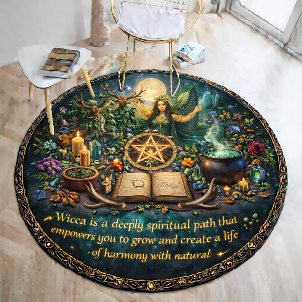 Round black pagan goddess rug with a fairy, pentacle, cauldron, candles, and "Wicca is a deeply spiritual path" text.