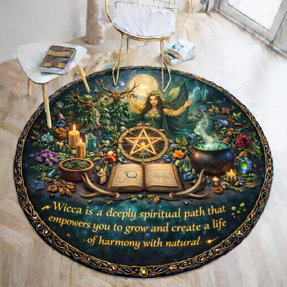 Round black pagan goddess rug with a fairy, pentacle, cauldron, candles, and "Wicca is a deeply spiritual path" text.