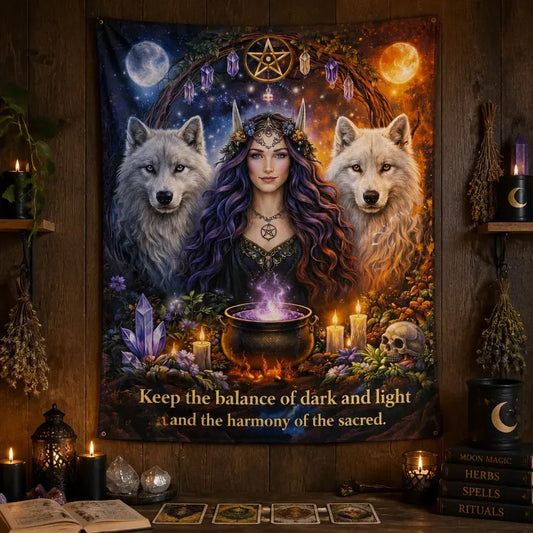 Pagan Goddess Tapestry with Wolves - Witchy Wicca Wall Hanging_mockup_2.webp