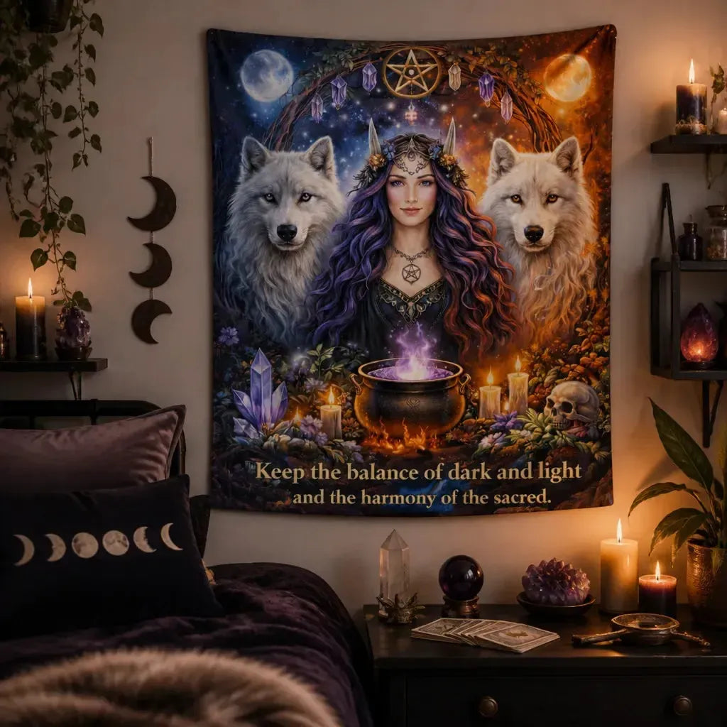Pagan Goddess Tapestry with Wolves - Witchy Wicca Wall Hanging_mockup_1.webp