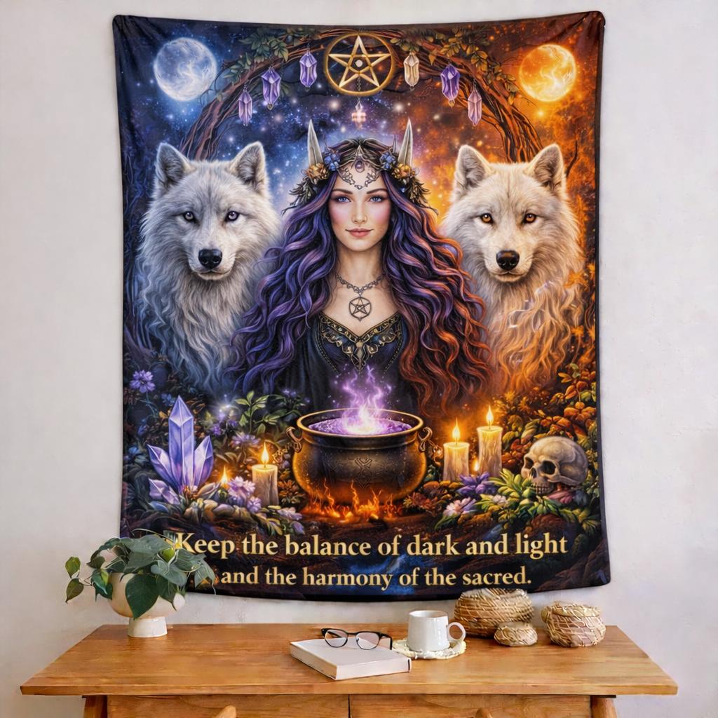 Pagan Goddess Tapestry with Wolves - Witchy Wicca Wall Hanging-MoonChildWorld