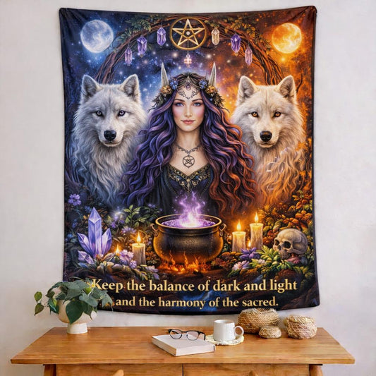 Mystical Pagan Goddess tapestry with purple-haired witch, two wolves, cauldron, crystals, and celestial moons.