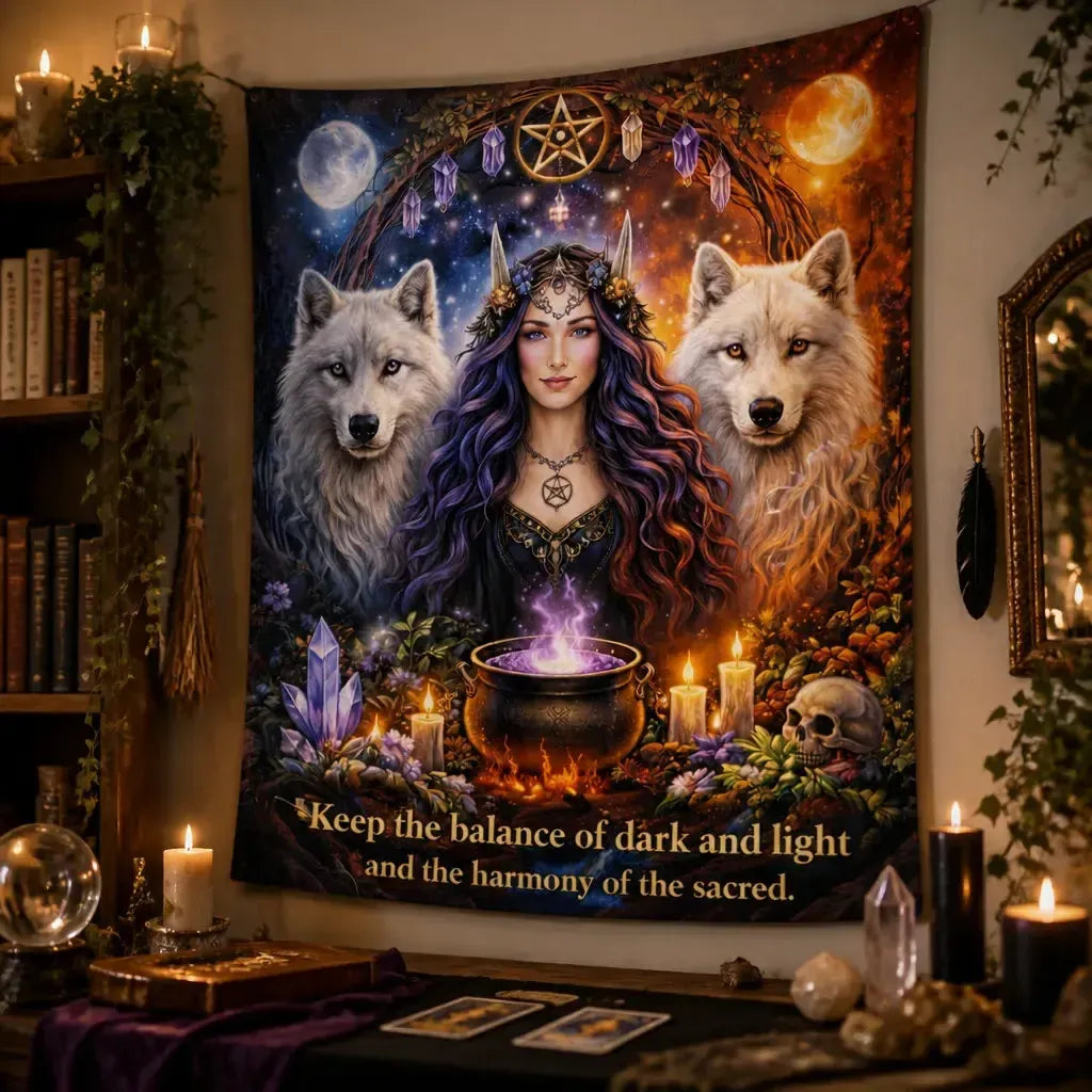 Pagan Goddess Tapestry with Wolves - Witchy Wicca Wall Hanging_mockup_3.webp