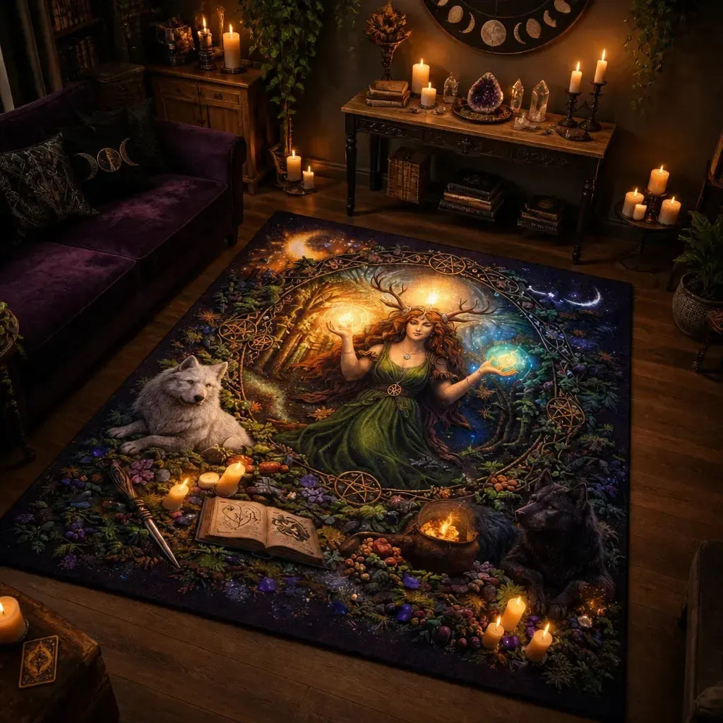 Pagan Goddess & Wolves Area Rug – Spiritual Wicca Carpet for Mystical Home Decor_mockup_1.webp