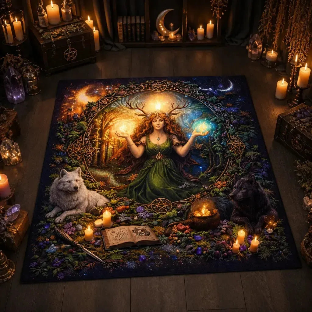 Pagan Goddess & Wolves Area Rug – Spiritual Wicca Carpet for Mystical Home Decor_mockup_2.webp
