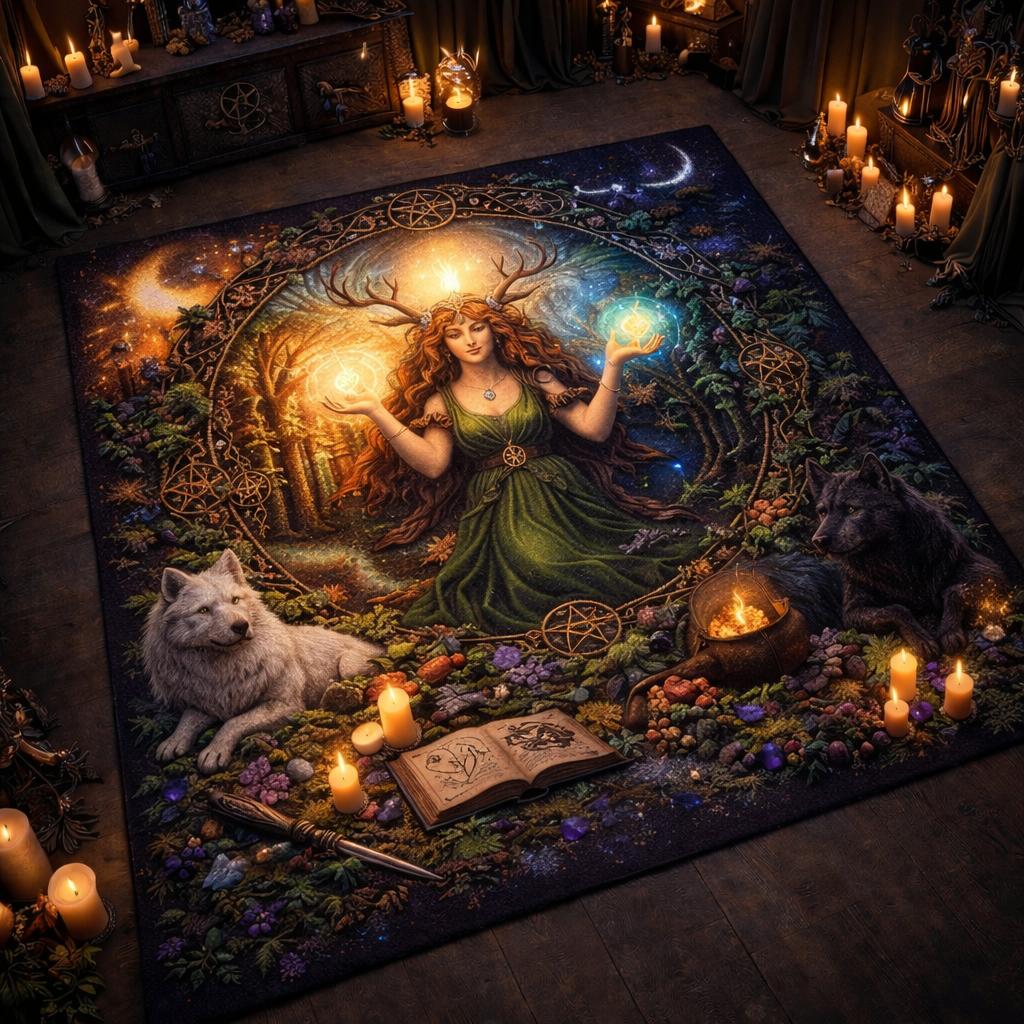 Pagan Goddess & Wolves Area Rug – Spiritual Wicca Carpet for Mystical Home Decor-MoonChildWorld