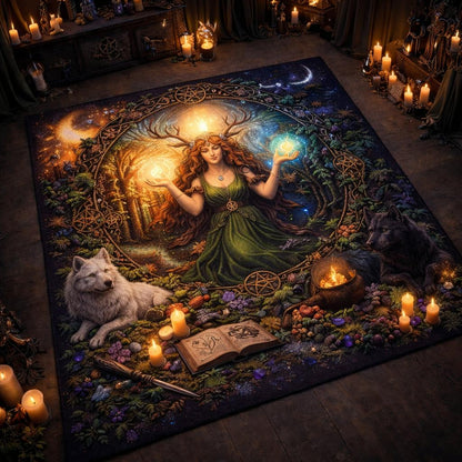 Pagan Goddess & Wolves area rug with a mystical forest, celestial symbols, and glowing orbs.