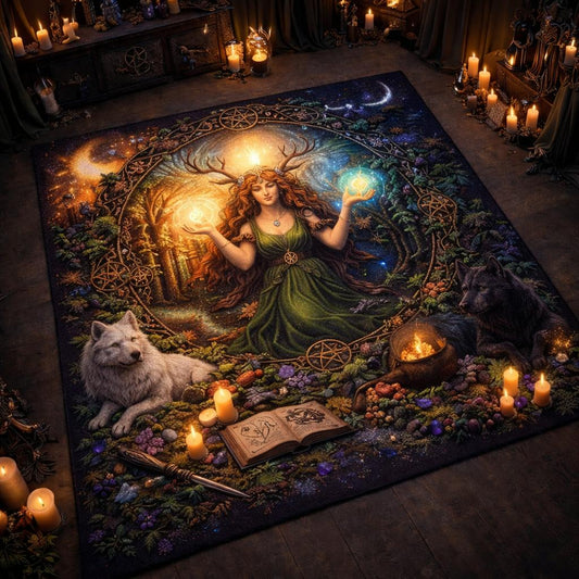 Pagan Goddess & Wolves Area Rug – Spiritual Wicca Carpet for Mystical Home Decor-MoonChildWorld