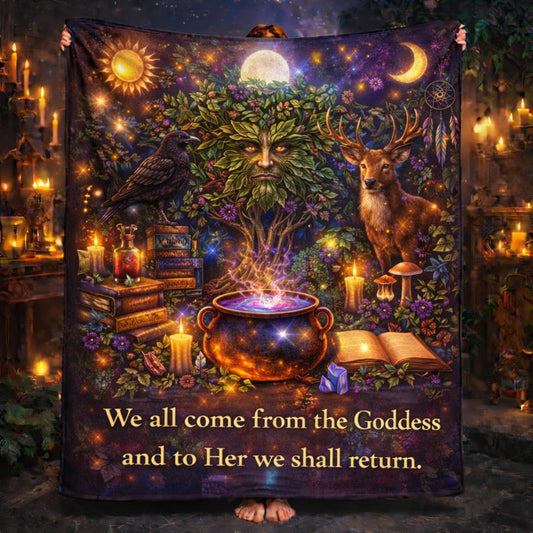 Pagan Green Man blanket with sun, moon, raven, deer, cauldron, and "We all come from the Goddess" quote.