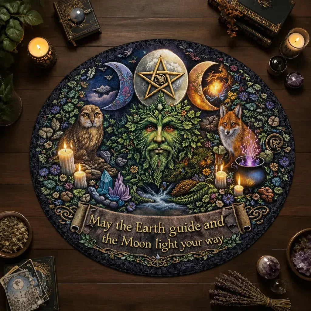Pagan Green Man Round Rug Raven Owl Wiccan Carpet for Yule Home Decor_mockup_2.webp