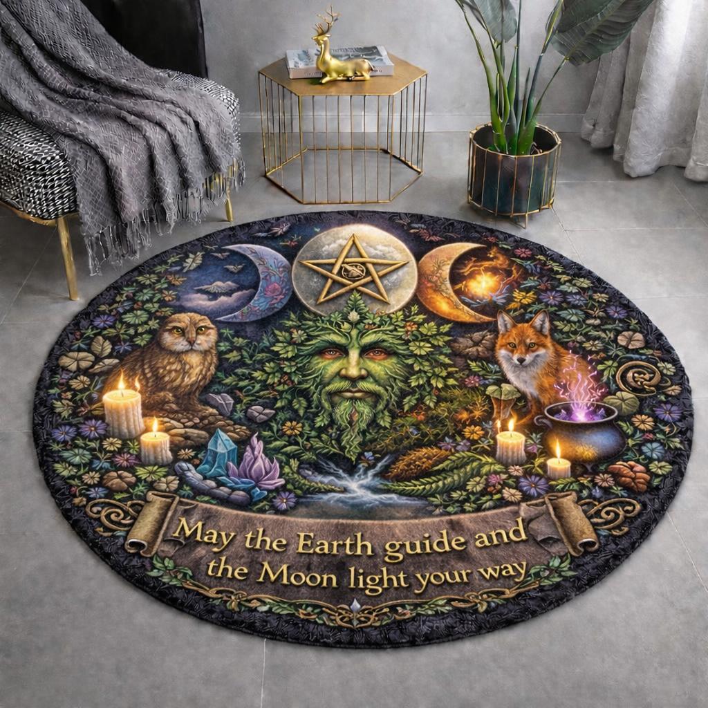 Round Pagan Green Man rug with Triple Moon, owl, fox, candles, and "May the Earth guide" text.