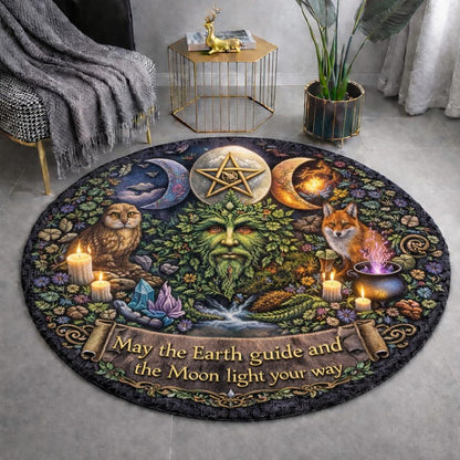 Round Pagan Green Man rug with Triple Moon, owl, fox, candles, and "May the Earth guide" text.