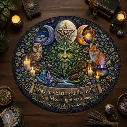 Pagan Green Man Round Rug Raven Owl Wiccan Carpet for Yule Home Decor_mockup_2.webp