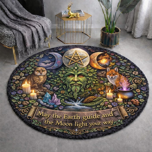 Pagan Green Man Round Rug Raven Owl Wiccan Carpet for Yule Home Decor-MoonChildWorld
