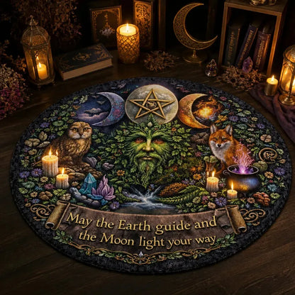 Pagan Green Man Round Rug Raven Owl Wiccan Carpet for Yule Home Decor_mockup_3.webp