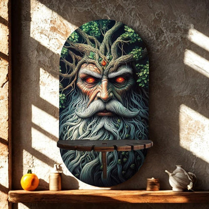 Pagan Green Man Wall Shelf for Crystals & Candles – Wooden Mystical Floating Shelf Wicca Altar Decor-MoonChildWorld