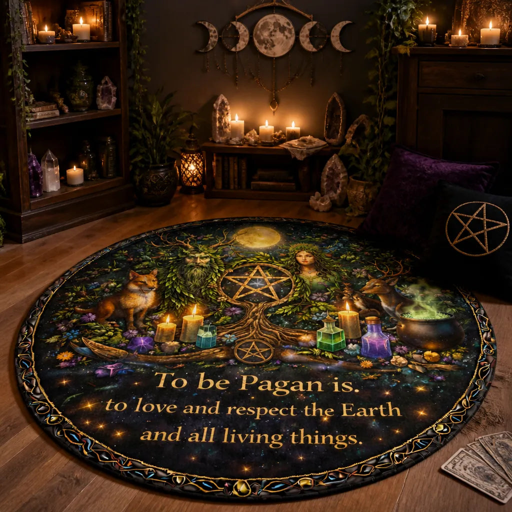 Pagan Green Man and Mother Earth Goddess Round Rug - Wiccan Carpet for Yule Home Decor_mockup_1.webp