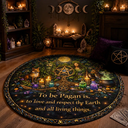Pagan Green Man and Mother Earth Goddess Round Rug - Wiccan Carpet for Yule Home Decor_mockup_1.webp