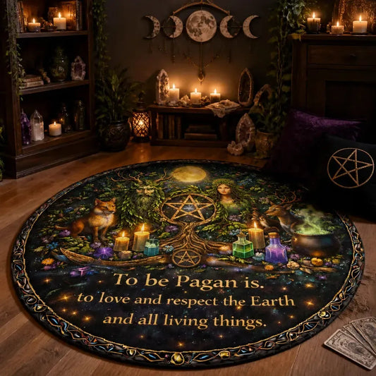 Pagan Green Man and Mother Earth Goddess Round Rug - Wiccan Carpet for Yule Home Decor_mockup_1.webp