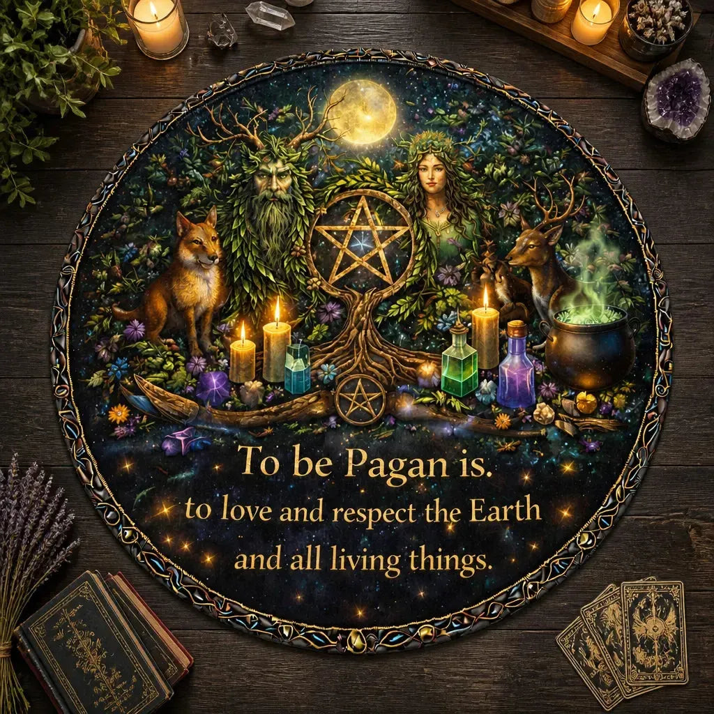 Pagan Green Man and Mother Earth Goddess Round Rug - Wiccan Carpet for Yule Home Decor_mockup_2.webp