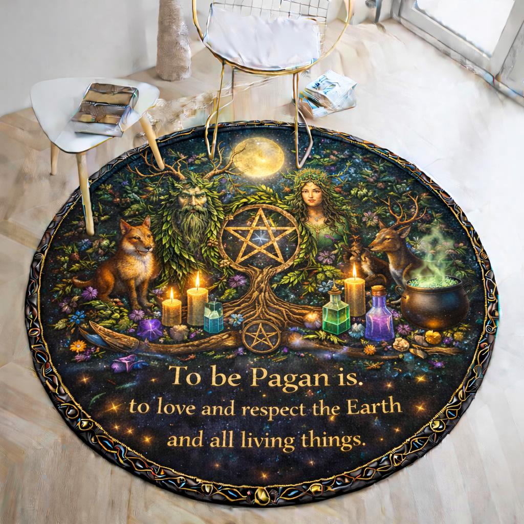 Pagan Green Man & Mother Earth Goddess round rug with pentacle, fox, deer, candles, and "To be Pagan is..." quote.