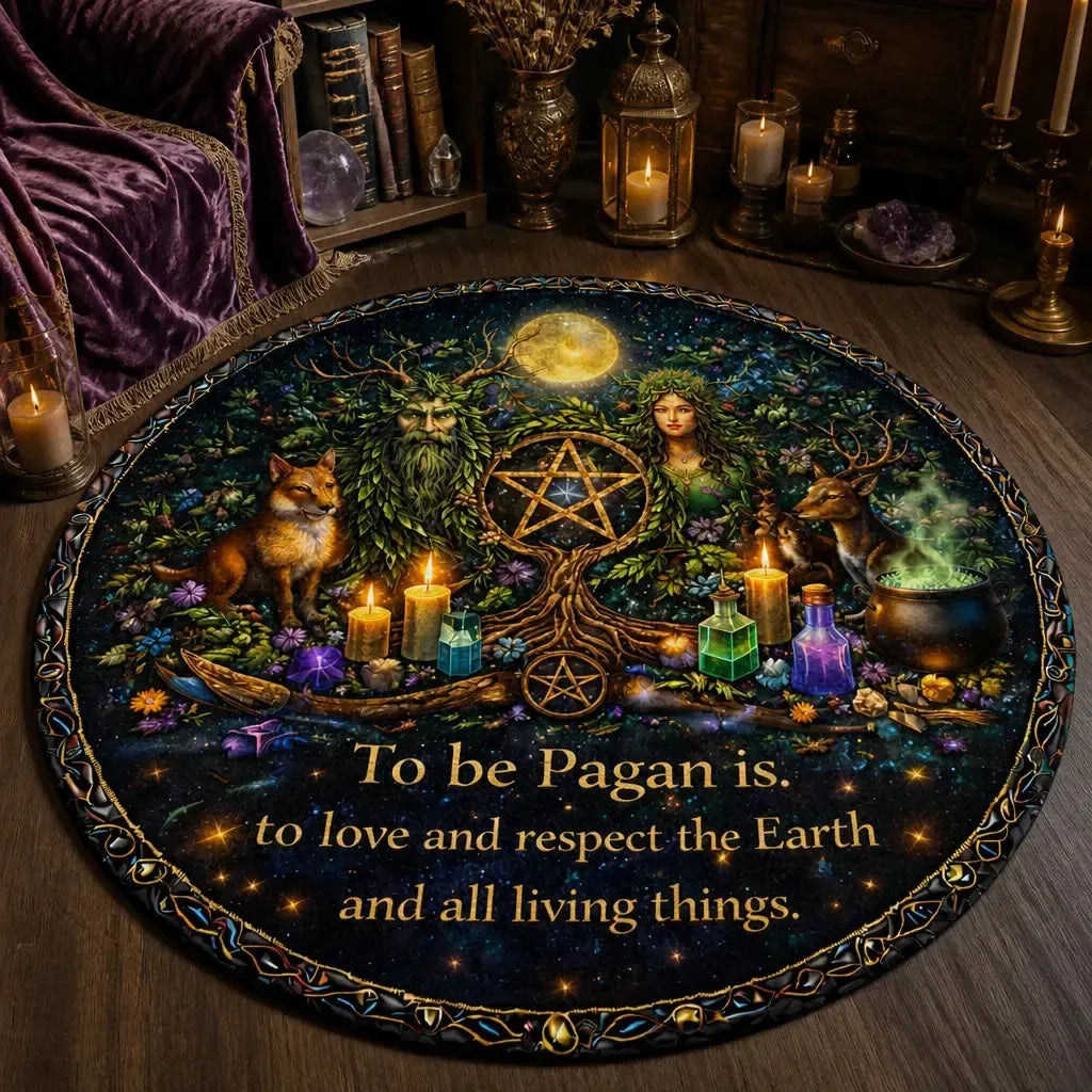 Pagan Green Man and Mother Earth Goddess Round Rug - Wiccan Carpet for Yule Home Decor_mockup_3.webp