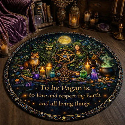 Pagan Green Man and Mother Earth Goddess Round Rug - Wiccan Carpet for Yule Home Decor_mockup_3.webp