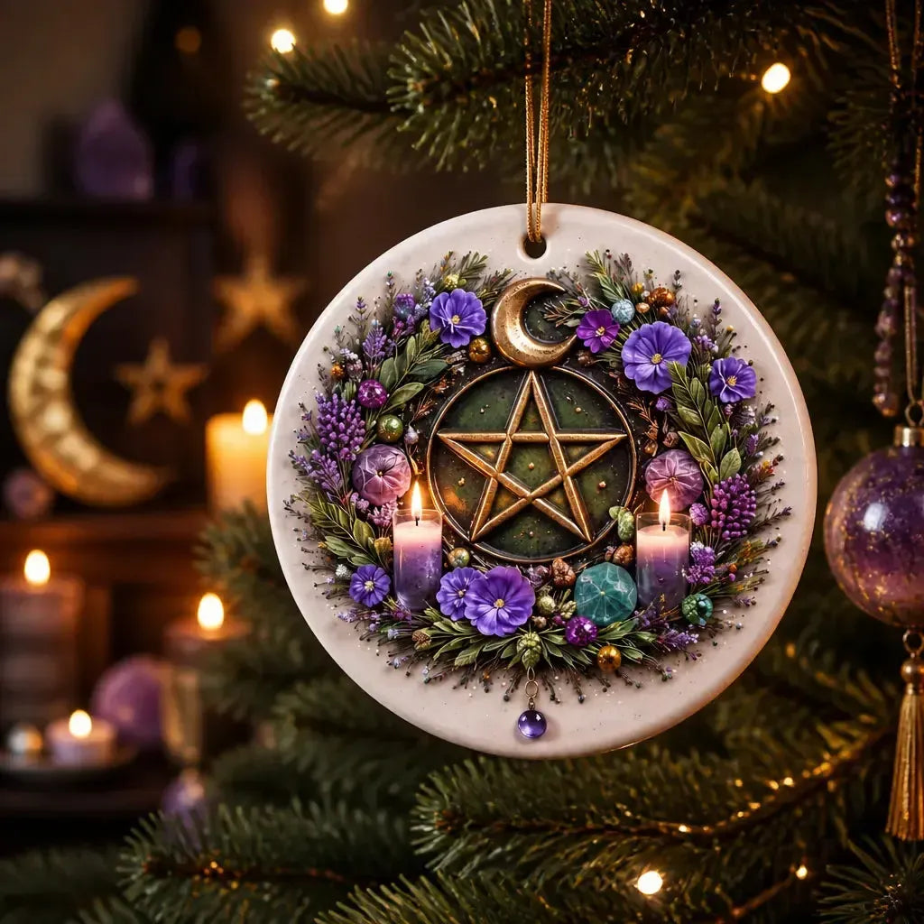 Pagan Moon Pentacle Yule Ceramic Ornament – Wiccan Yule Decor_mockup_1.webp