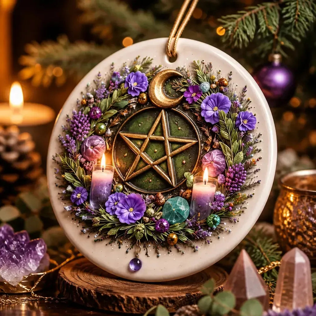 Pagan Moon Pentacle Yule Ceramic Ornament – Wiccan Yule Decor_mockup_2.webp
