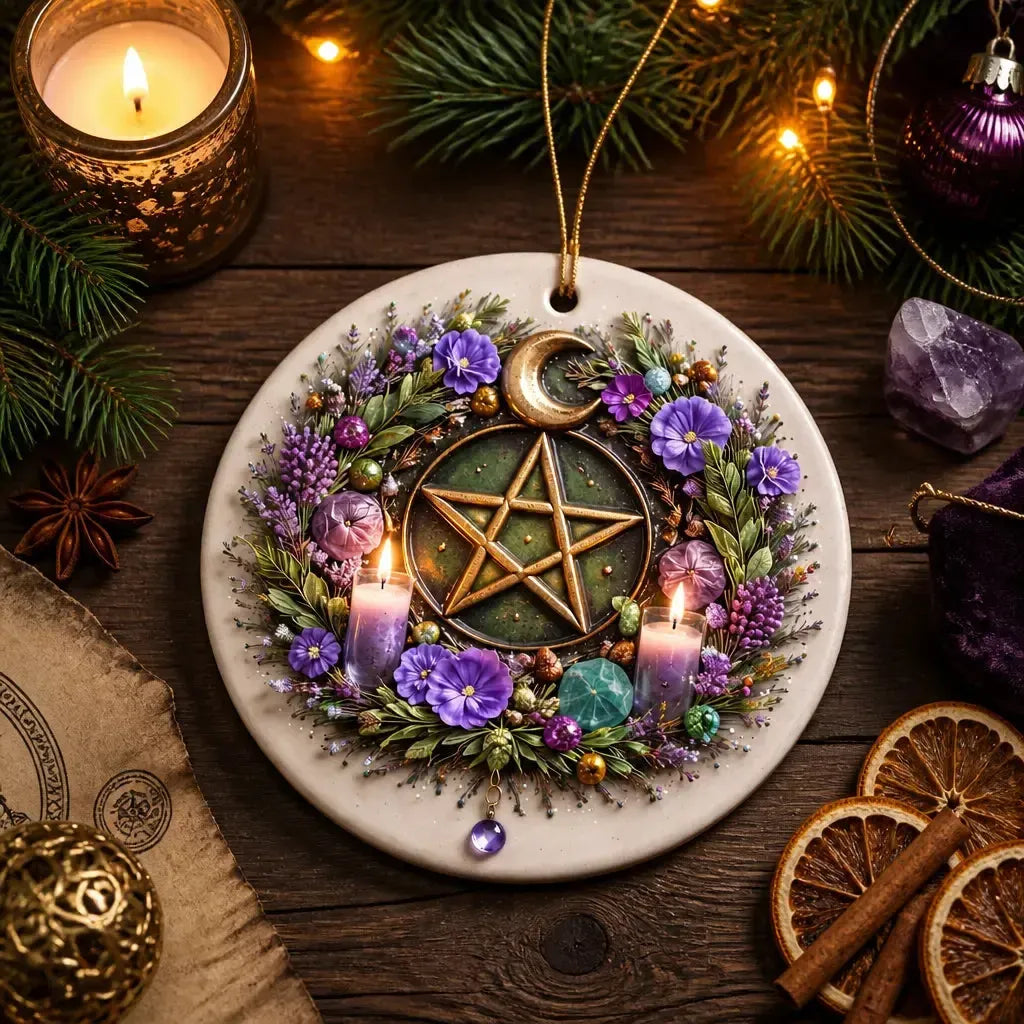 Pagan Moon Pentacle Yule Ceramic Ornament – Wiccan Yule Decor_mockup_3.webp