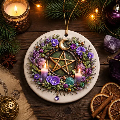 Pagan Moon Pentacle Yule Ceramic Ornament – Wiccan Yule Decor_mockup_3.webp