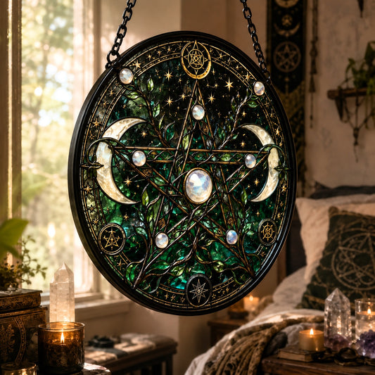 Pagan Moon Pentagram Glass Suncatcher - hanging view