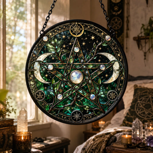 Pagan Moon Pentagram Glass Suncatcher - window display