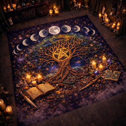 Dark purple Pagan Moon Phases Tree of Life area rug with a glowing pentagram, surrounded by candles and occult items.