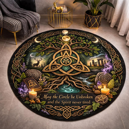 Black round pagan rug with a golden Celtic Tree of Life, Triple Moon, deer, candles, and "May the Circle be Unbroken" text.