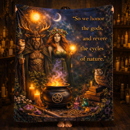 Pagan Nature Goddess fleece blanket with mystical figures, cauldron, moon, and "So we honor the gods..." quote.