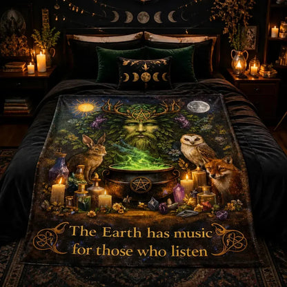 Pagan Nature-Themed Blanket with Spirit Animals and Green Man_mockup_1.webp