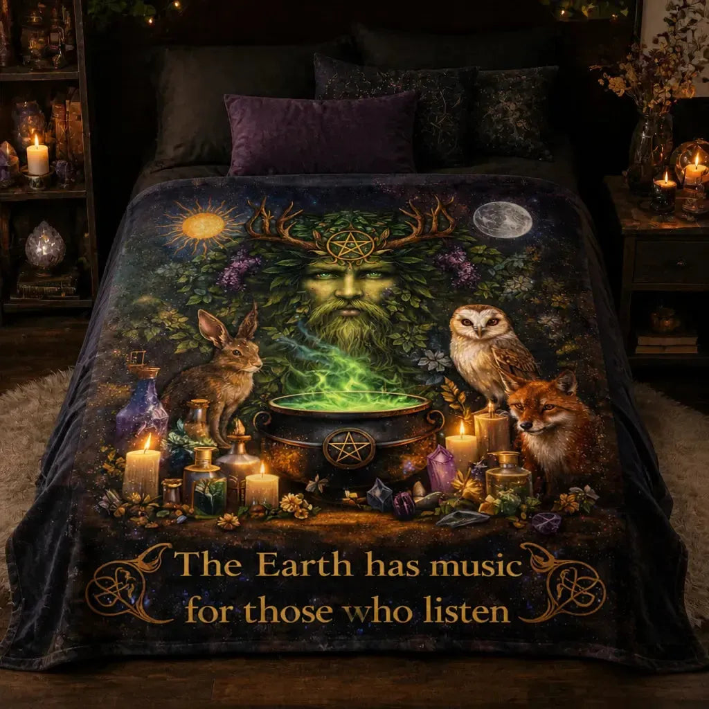 Pagan Nature-Themed Blanket with Spirit Animals and Green Man_mockup_2.webp