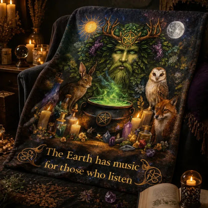 Pagan Nature-Themed Blanket with Spirit Animals and Green Man_mockup_3.webp