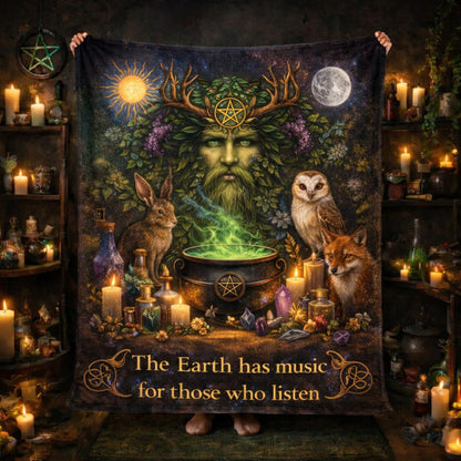 Pagan nature-themed fleece blanket with Green Man, spirit animals, cauldron, and "The Earth has music" quote.